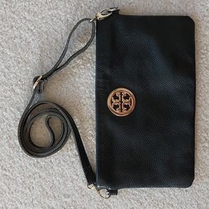 TORY BURCH Black Pebble Leather Clutch Crossbody w/Removable Adjustable Strap